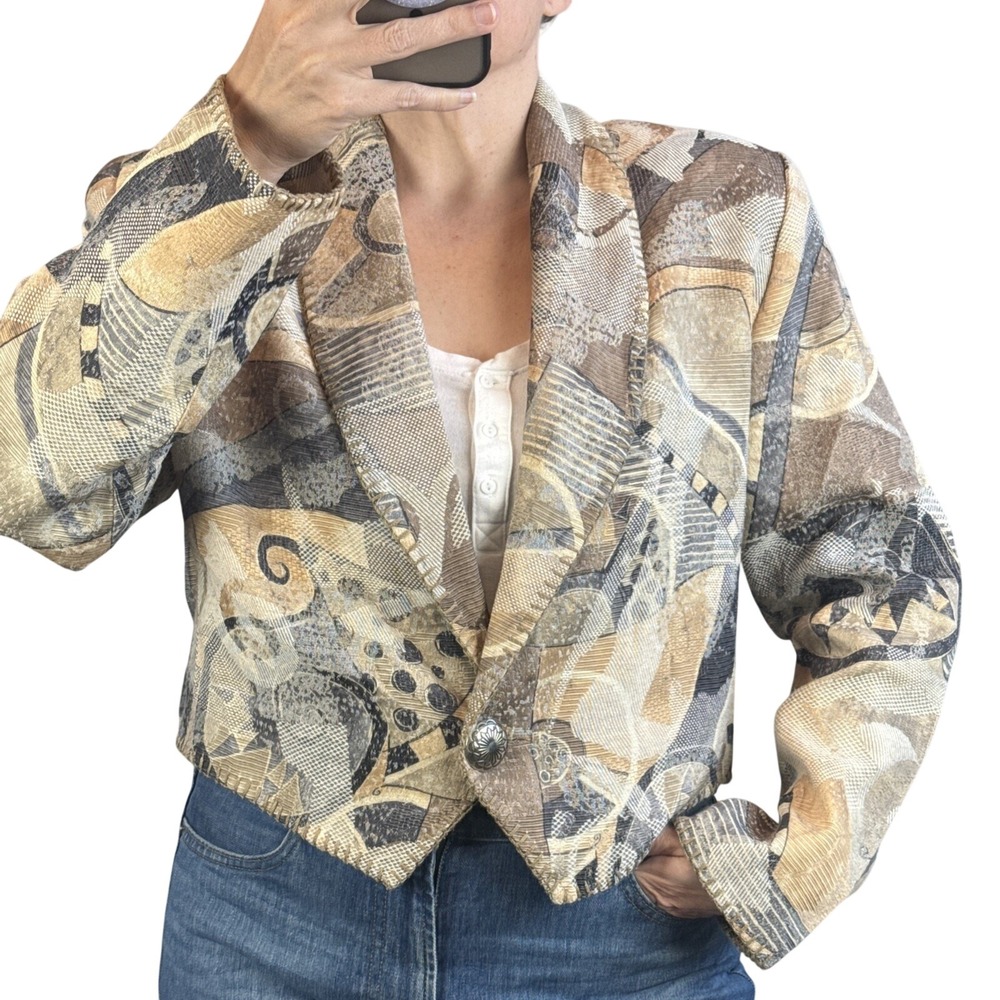 Rhonda Stark Vintage Boho Western Cropped Jacket Size L Neutral Patchwork Cotton